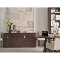 Alternate view of Oblique Dining Table, featuring wood, brass, and a round pedestal base.