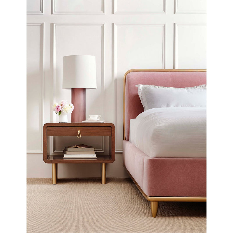 Alternate view of Bandeau Nightstand, featuring wood, metal, and single drawer with drop-ring pull.