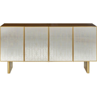 Bohemia Buffet, shown in warm walnut brown and antique gold with wood, metal, and four hinged cabinet doors.