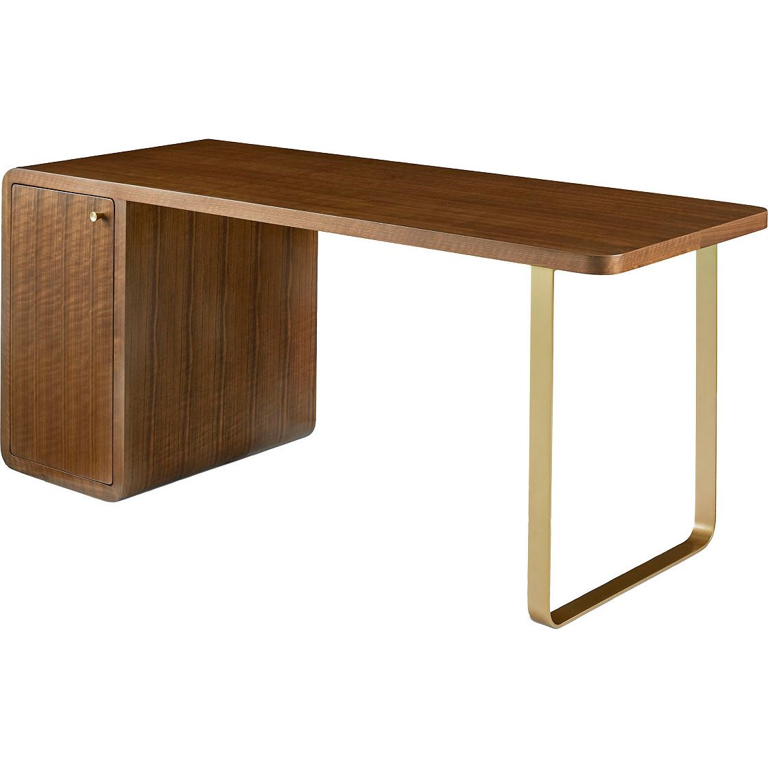 Alternate view of Corso Desk, featuring polished brass finish, wood, metal, and integrated single-door storage pedestal.