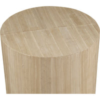 Alternate view of Moray Spot Table, featuring vertical channel stitching, hide, leather, and a solid drum base.