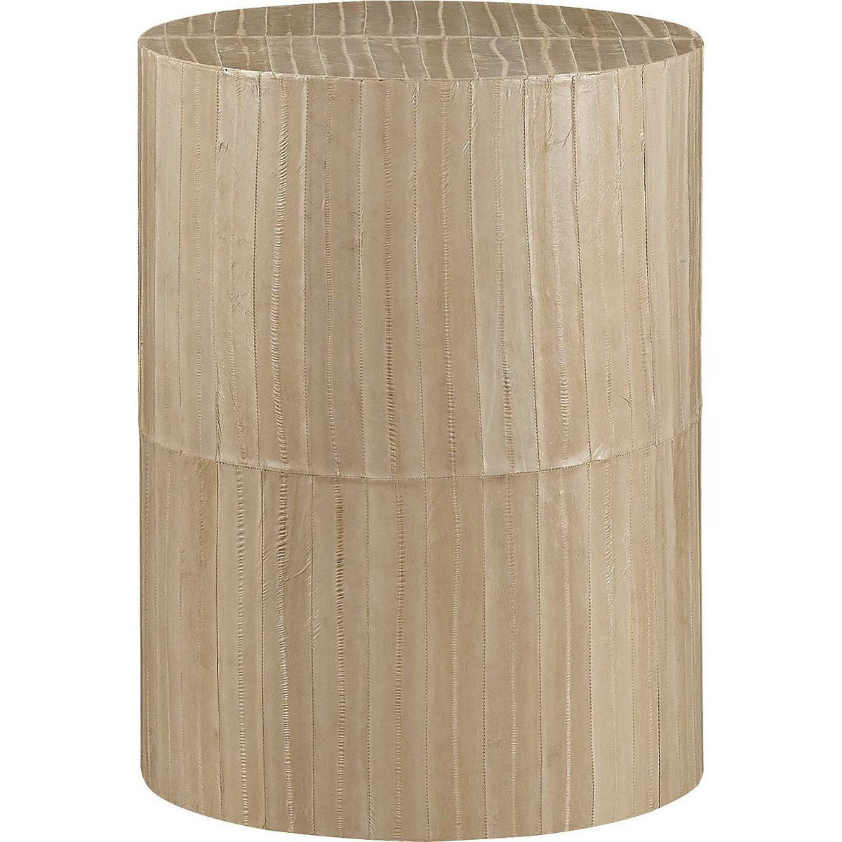 Moray Spot Table, shown in warm beige and taupe with hide, leather, and a solid drum base.