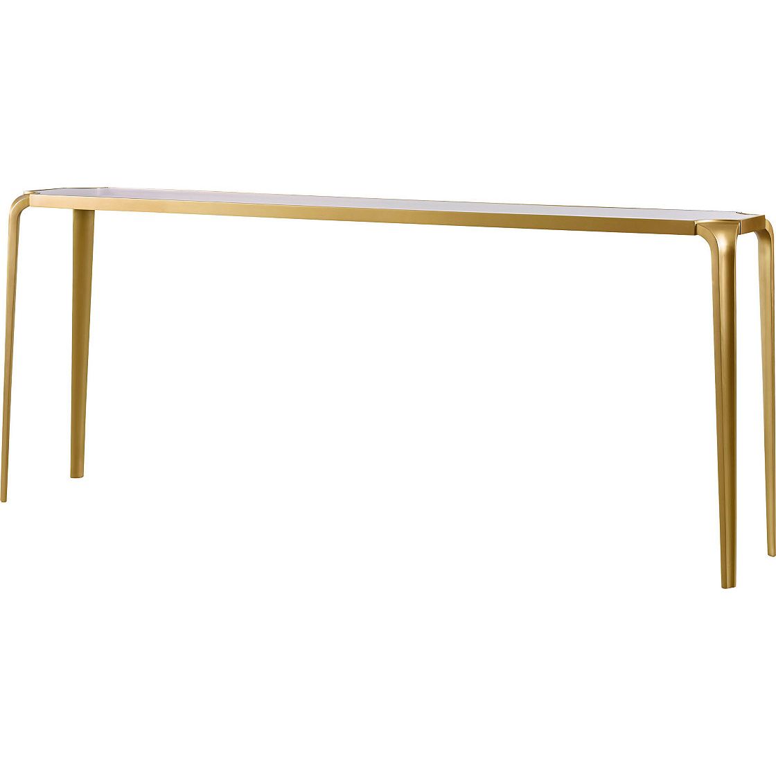 Alternate view of Lotus Console Table, featuring metal, glass, and narrow console depth.