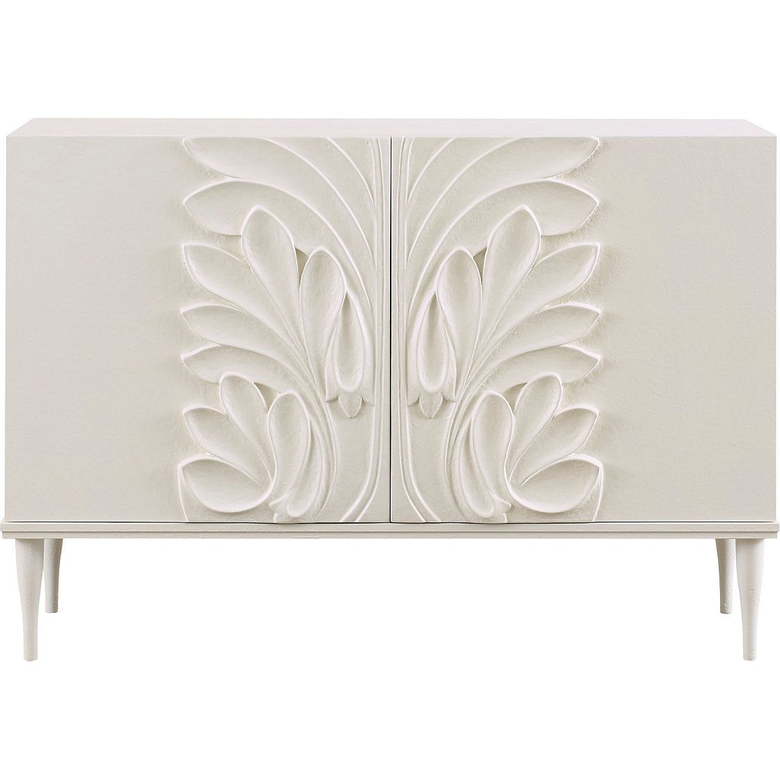 Jardin Chest, shown in ivory and off-white with wood and two-door cabinet storage.