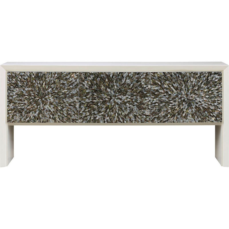 Nacre Sideboard, shown in ivory and cream with lacquered wood, mother-of-pearl, and enclosed three-panel cabinet storage.