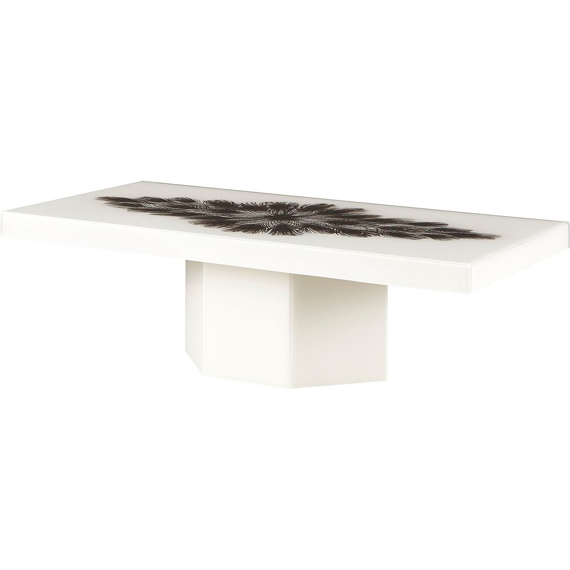 Peacock Cocktail Table, shown in white and brown with lacquered wood, resin, and a flat cocktail surface.