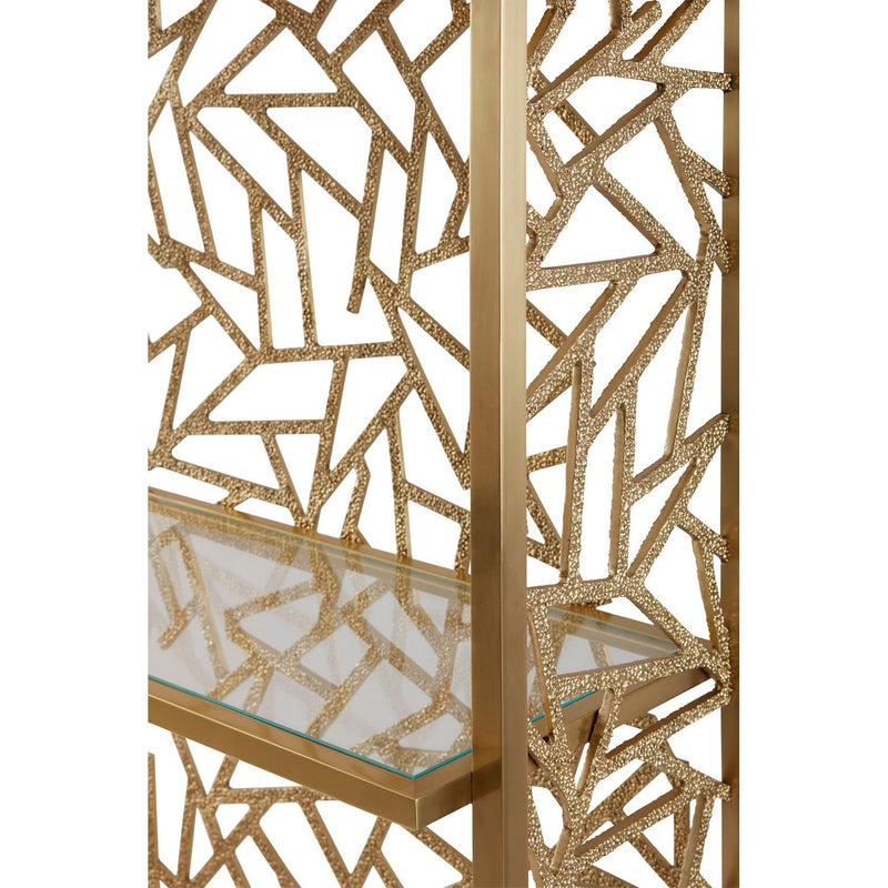 Alternate view of Infinite Etagere, featuring textured metallic finish, metal, glass, and four fixed glass shelves.