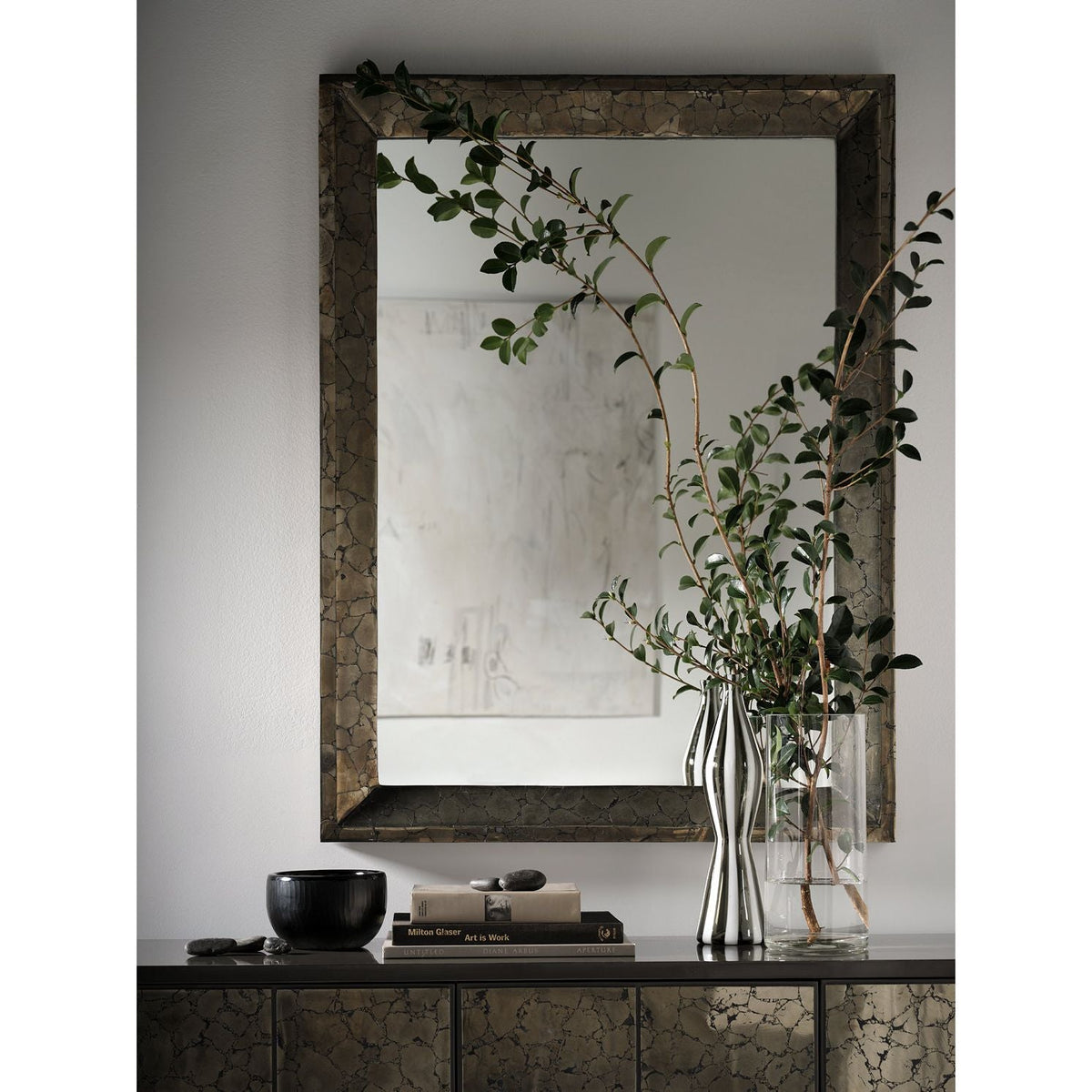Alternate view of Avery Mirror in antique brass and bronze-gold.