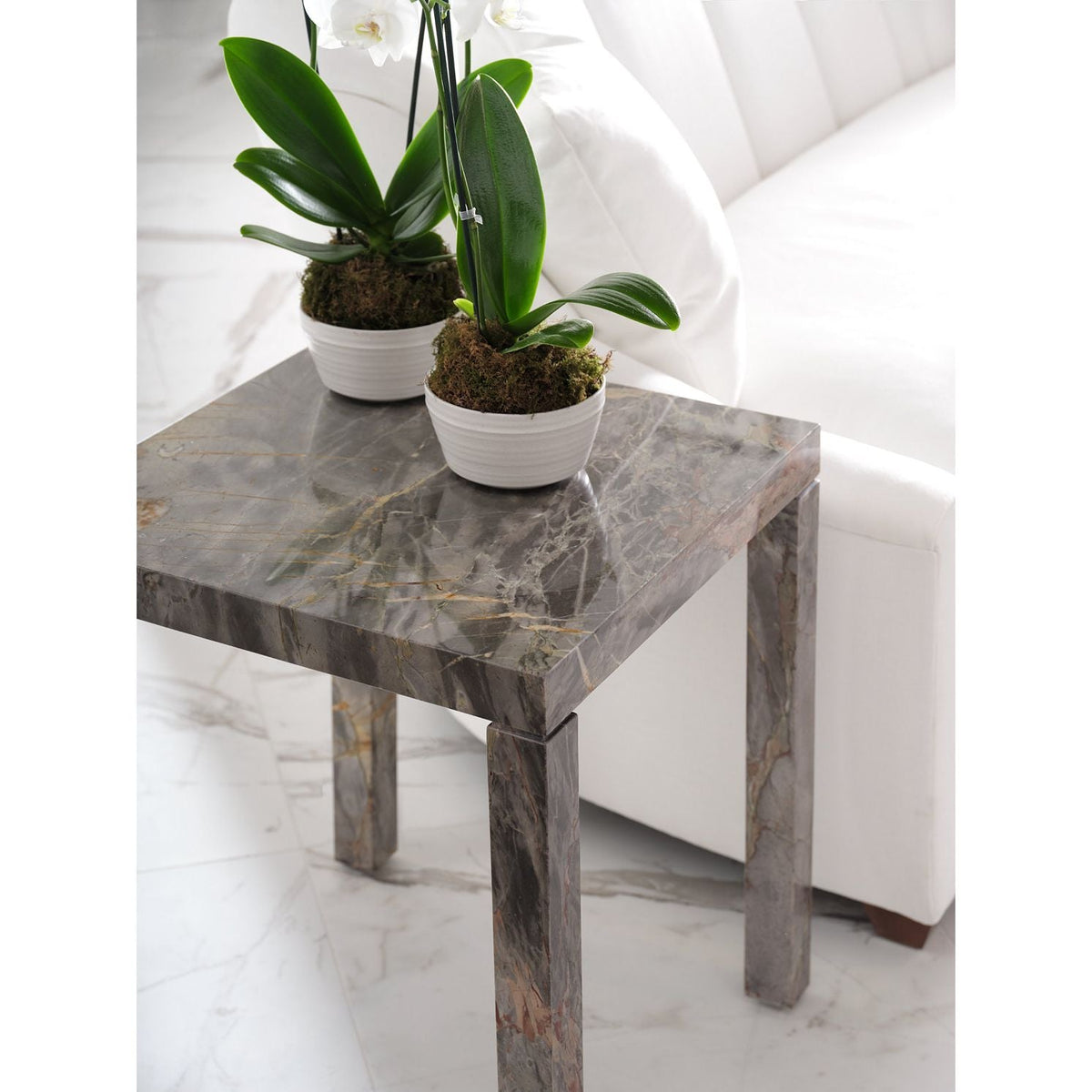 Alternate view of Serena Side Table, featuring polished finish, marble, and four-leg freestanding base.