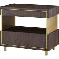 Quadro Night Table, shown in dark brown and brushed gold with wood, metal, and upper drawer.