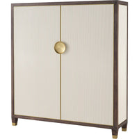 Odeon Cabinet, shown in ivory and dark espresso brown with wood, brass metal, and two-door enclosed storage cabinet.