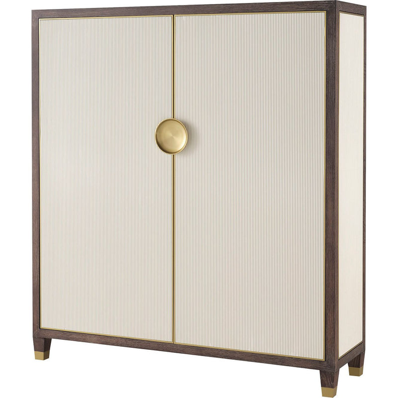 Odeon Cabinet, shown in ivory and dark espresso brown with wood, brass metal, and two-door enclosed storage cabinet.