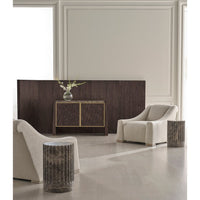 Alternate view of Delphi Side Table, featuring polished finish, marble, and a solid stone cylinder base.