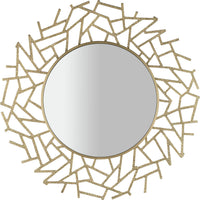 Fret Mirror, shown in gold and clear with metal, glass, and wall-mounting hardware implied.