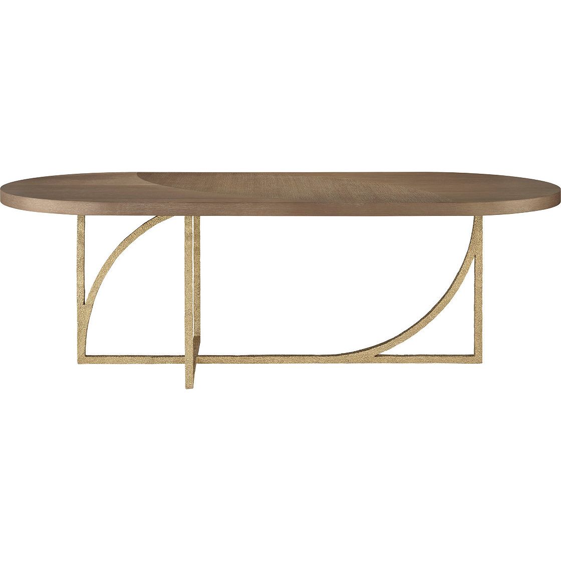 Conform Table, shown in light brown and warm taupe with wood, metal, and a oval dining surface.