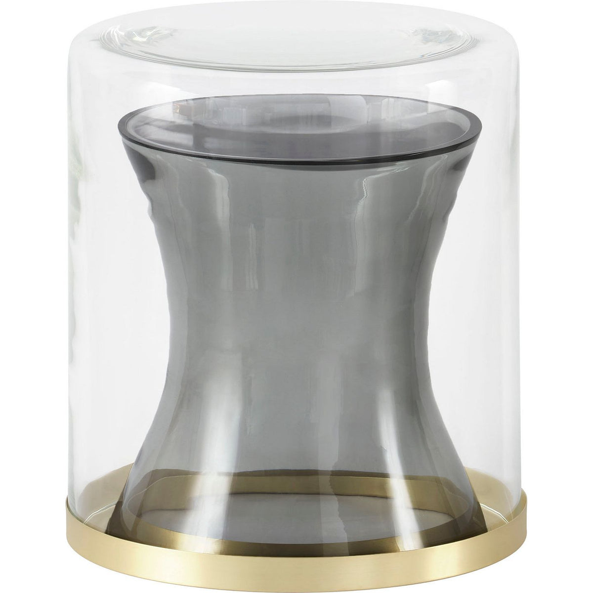 Charm Chat Table, shown in smoke gray and clear with glass, metal, and a flat circular top surface.