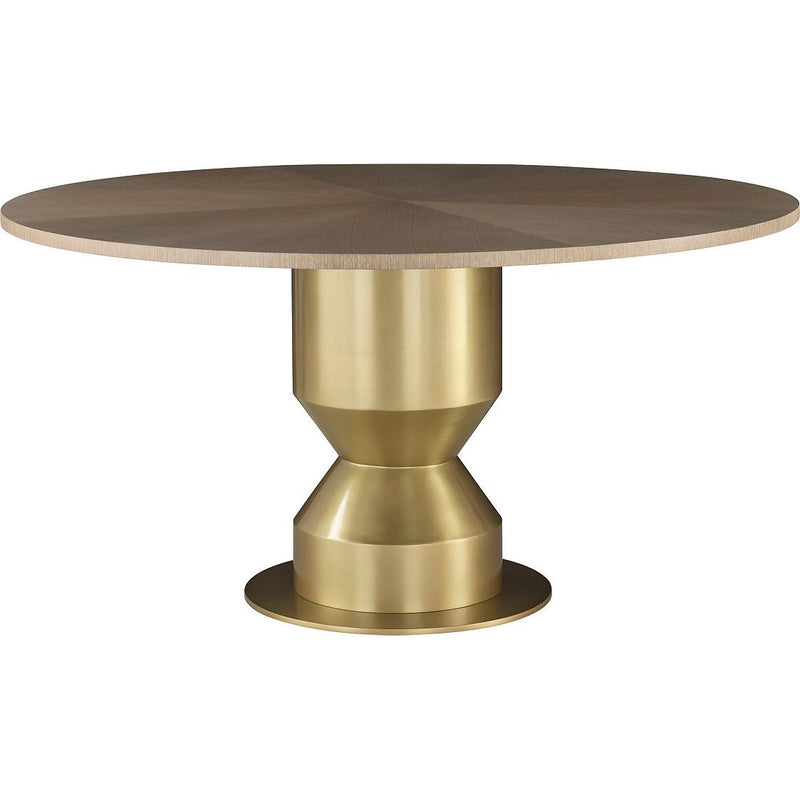 Monroe Table, shown in warm taupe wood and brushed brass gold with wood, brass, and a pedestal base.