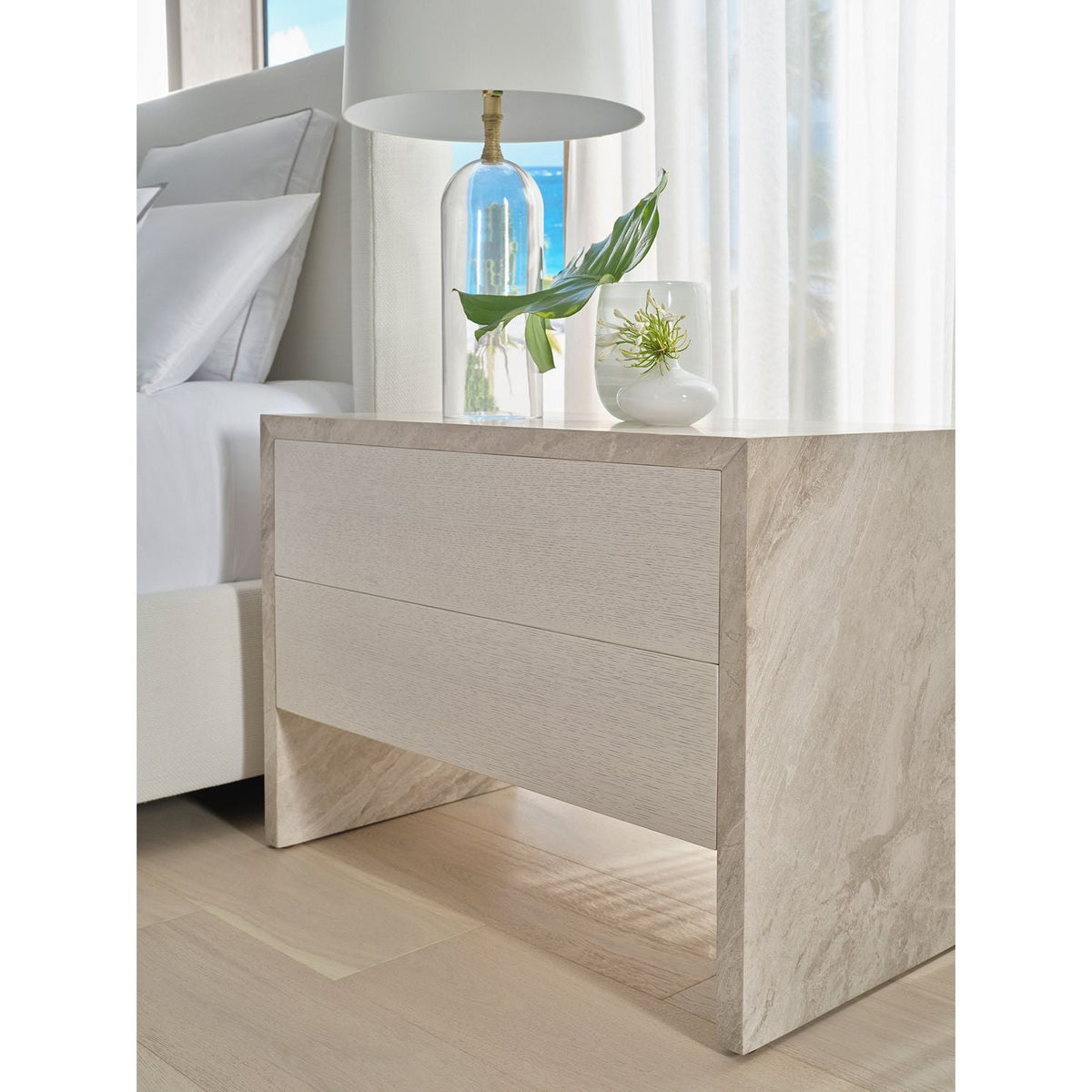 Additional view of Baja Nightstand in light beige and warm taupe, featuring matte finish and two full-width drawers.