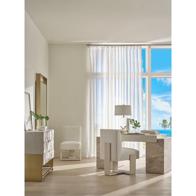 Alternate view of Brighton Desk, featuring matte finish, wood, stone, and open knee space between pedestals.