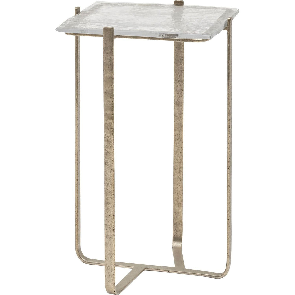 Trevi Side Table, shown in antique brass and clear with metal, glass, and c-shaped sled base for sliding under seating.