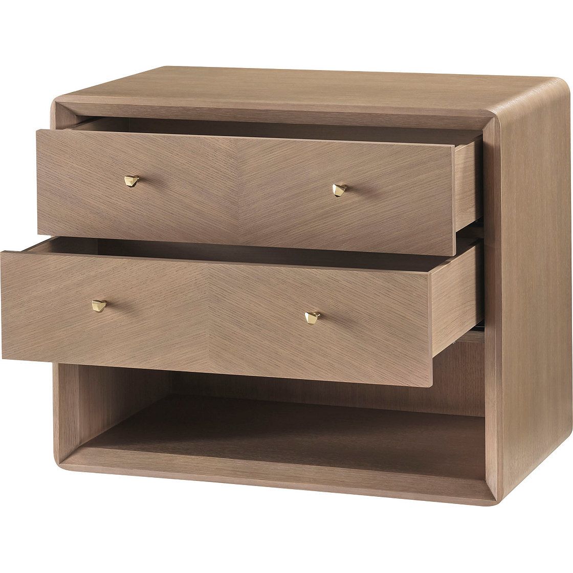 Additional view of Harper Bedside Table in light oak beige and warm taupe.