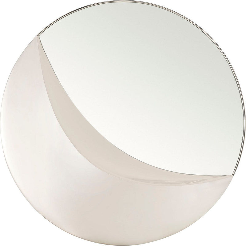 Micah Mirror, shown in polished nickel and silver with mirror glass, metal, and wall-mounted circular mirror.