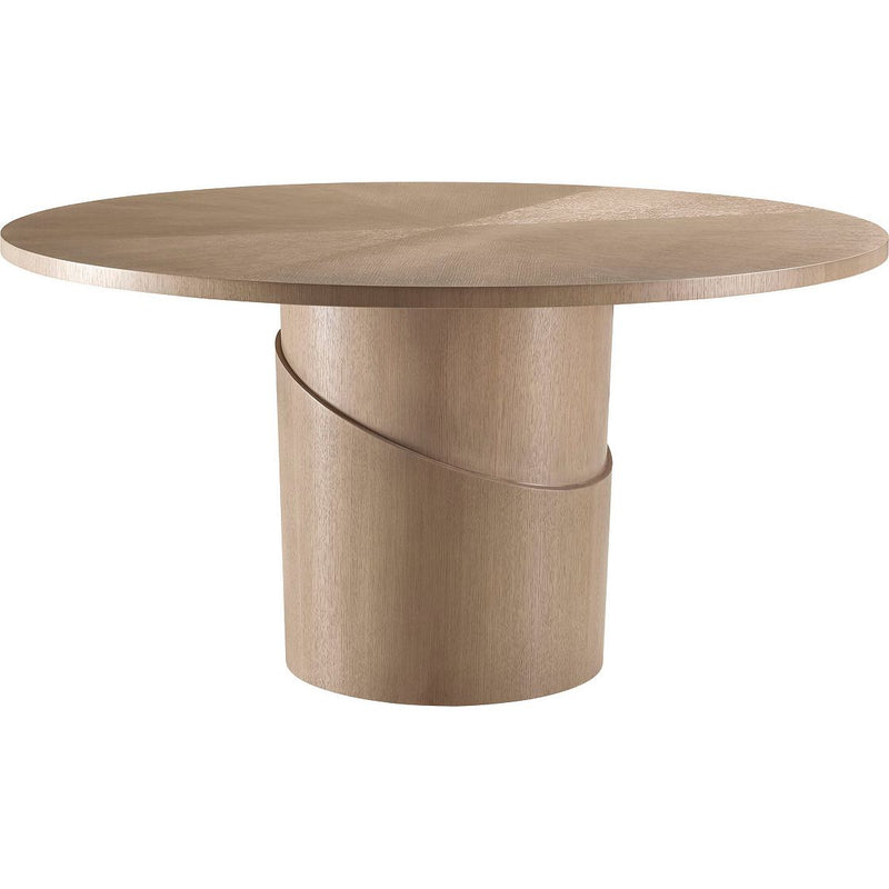 Dora Dining Table, shown in light oak and warm beige with wood, oak veneer, and round pedestal dining table.