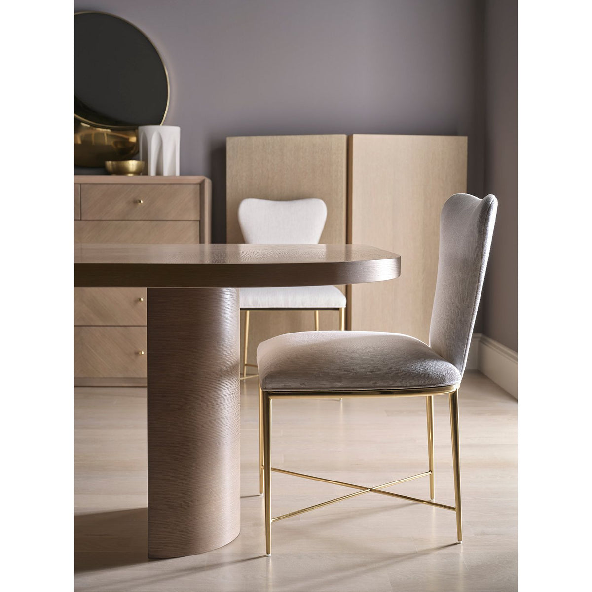 Additional view of Phoebe Dining Table, featuring matte natural finish, wood, oak, and dual cylindrical pedestal base.