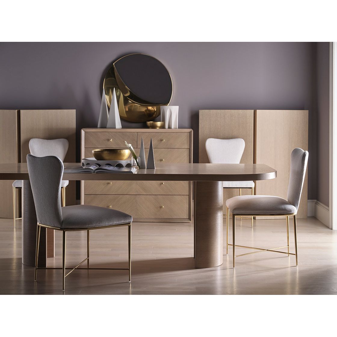 Alternate view of Phoebe Dining Table, featuring matte natural finish, wood, oak, and dual cylindrical pedestal base.