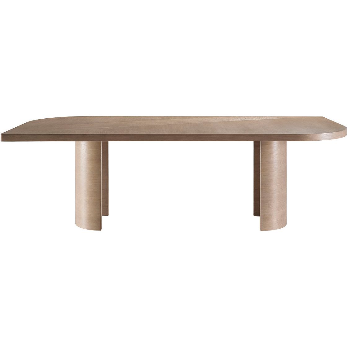 Phoebe Dining Table, shown in light oak and warm beige with wood, oak, and dual cylindrical pedestal base.
