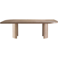 Phoebe Dining Table, shown in light oak and warm beige with wood, oak, and dual cylindrical pedestal base.