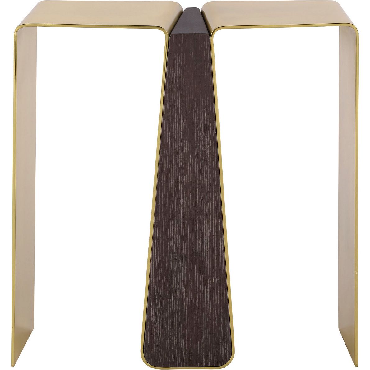 Leilani Side Table, shown in brass gold and dark espresso brown with brass, wood, and dual separated top surfaces.