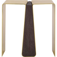 Leilani Side Table, shown in brass gold and dark espresso brown with brass, wood, and dual separated top surfaces.