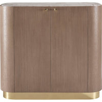 Finley Chest, shown in warm taupe and light oak brown with wood veneer and natural marble.
