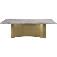 Avani Dining Table, shown in gray and gold with marble, metal, and a solid pedestal base.