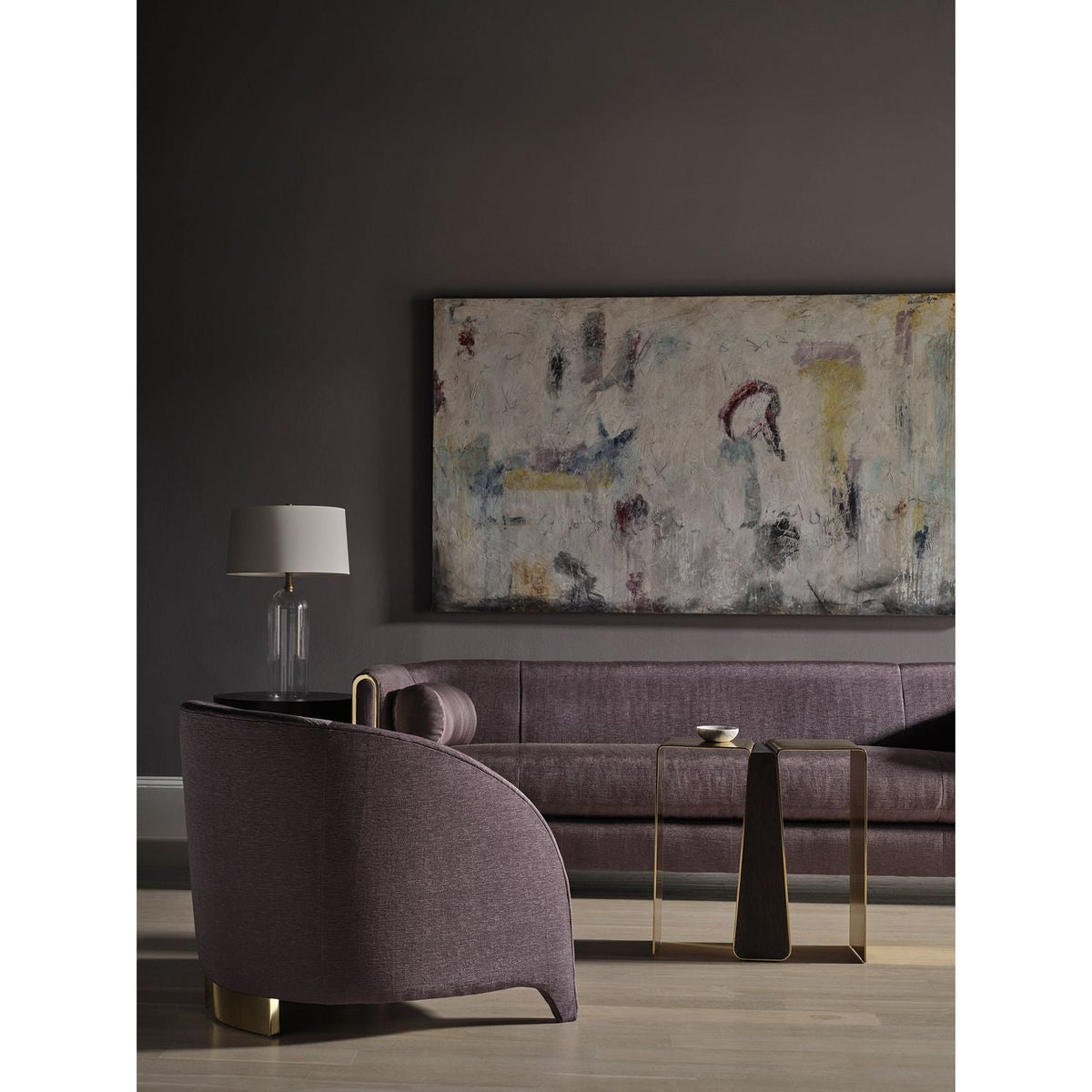Alternate view of Leilani Side Table, featuring brushed metal finish, brass, wood, and dual separated top surfaces.