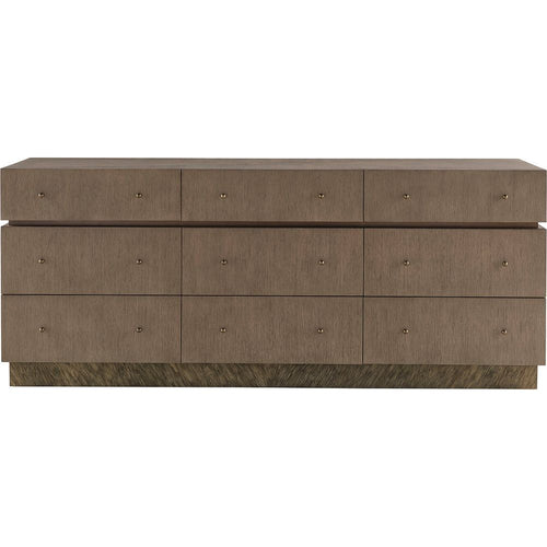Surtsey Dresser by Susan Ferrier for Baker BAA5700, shown in taupe and greige with wood veneer and metal.