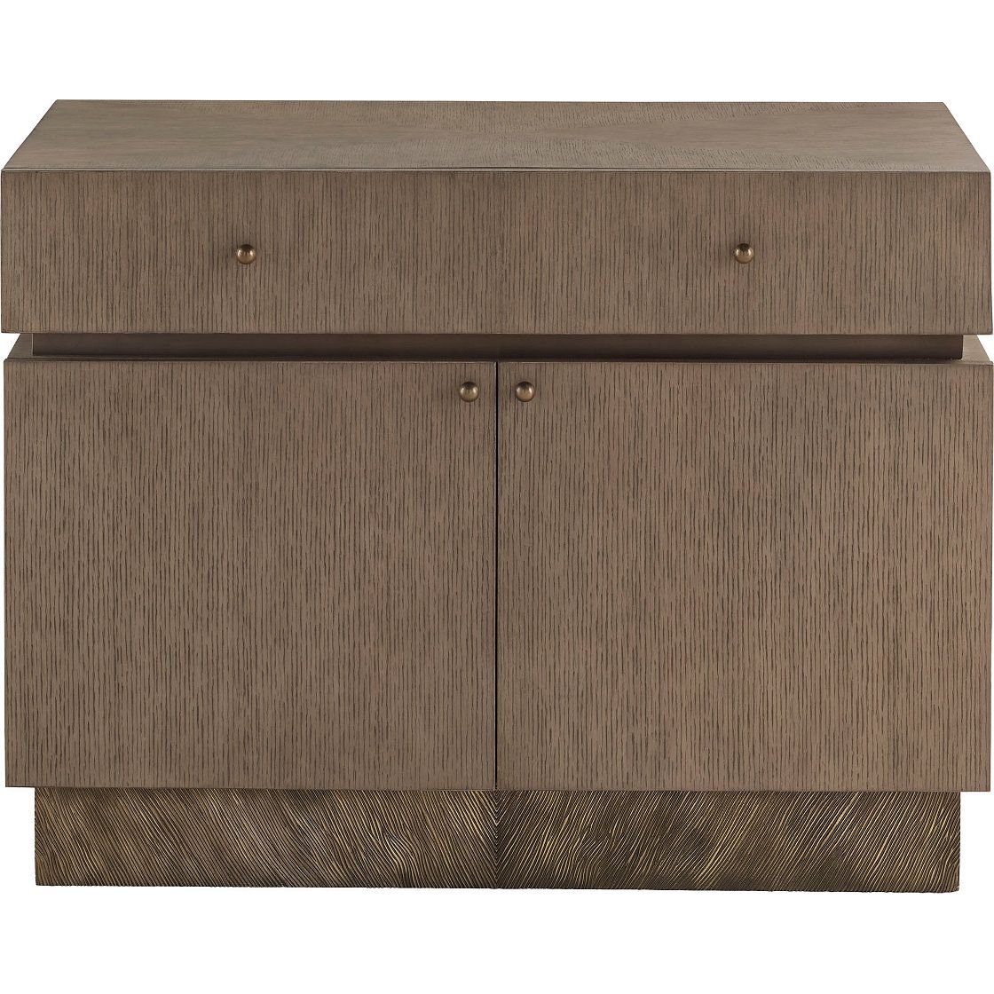 Malia Bedside Table, shown in taupe and greige with wood, brass metal, and single full-width top drawer.