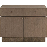 Malia Bedside Table, shown in taupe and greige with wood, brass metal, and single full-width top drawer.