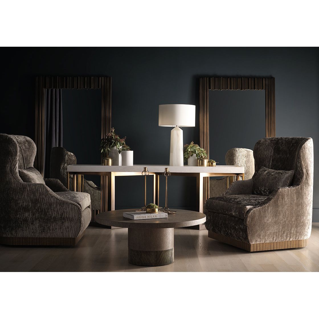 Additional view of Lahar Rectangle Mirror, featuring reeded finish, metal, glass, and wall-mountable rectangular mirror.