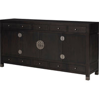 Alternate view of Ming Sideboard, featuring dark stain, wood, metal, and multiple top drawers.