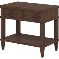 Jensen Bedside Table, shown in dark brown and walnut brown with wood, metal, and single full-width drawer with dual pulls.