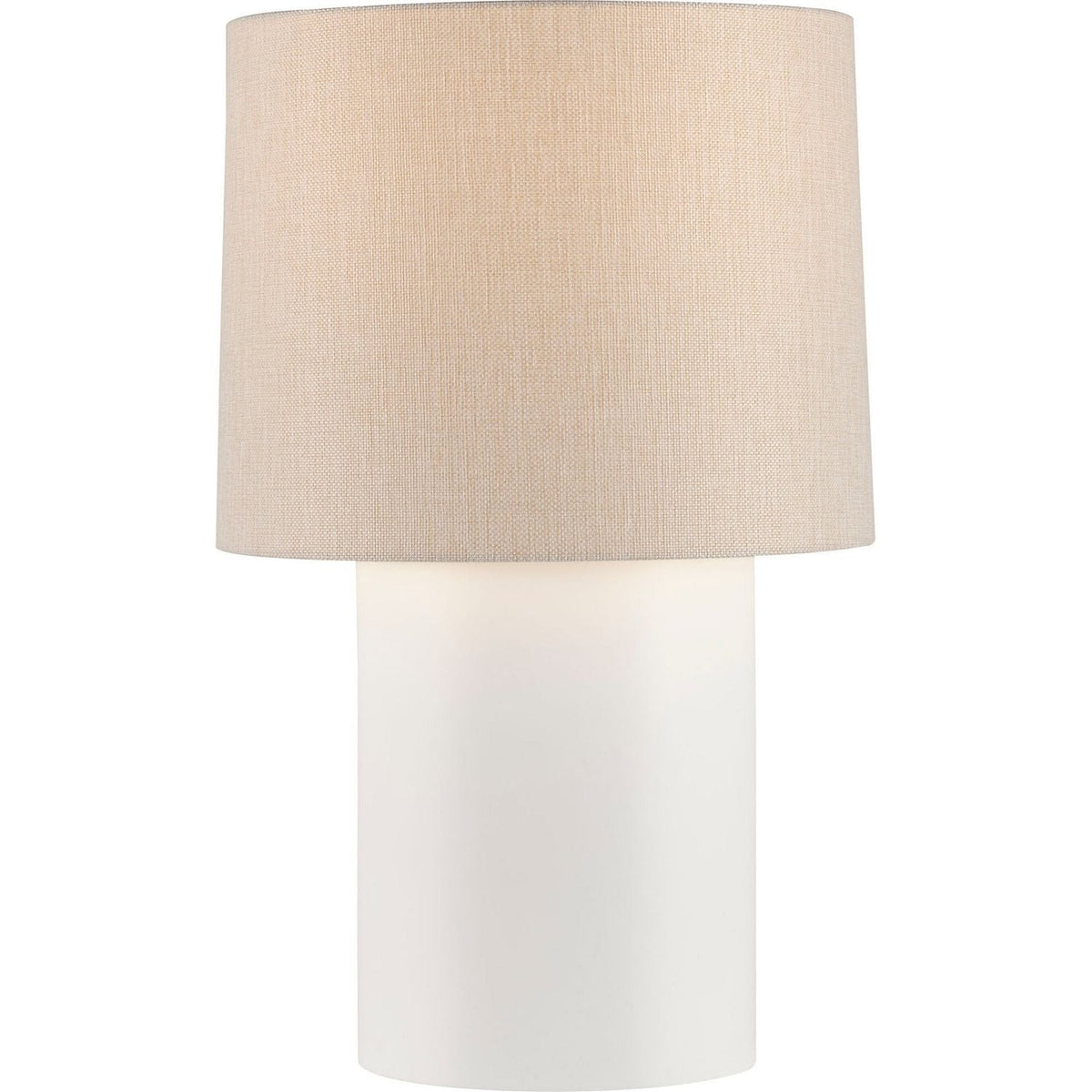 Dias Cylinder Lamp, shown in beige and white with fabric, ceramic or glass, and table lamp form.