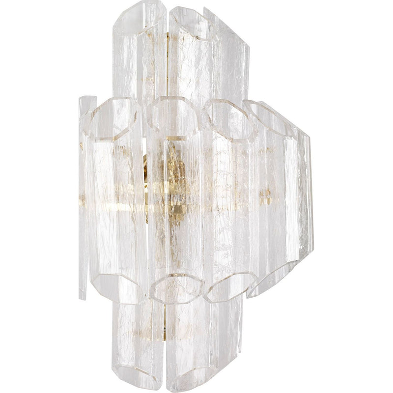 Alternate view of Stella Sconce, featuring textured glass, brass metal, and a wall-mounting backplate.