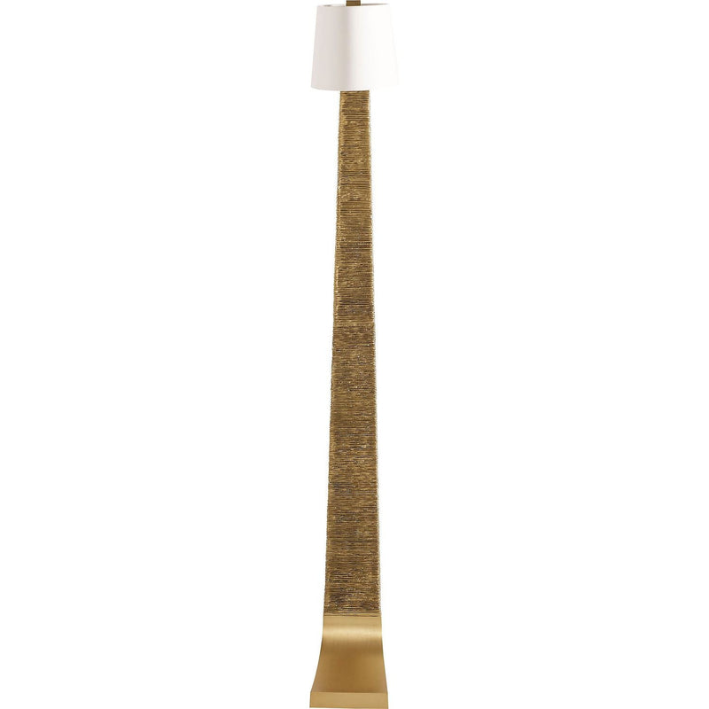 Obelisk Floor Lamp, shown in gold and white with metal, fabric, and freestanding floor lamp.