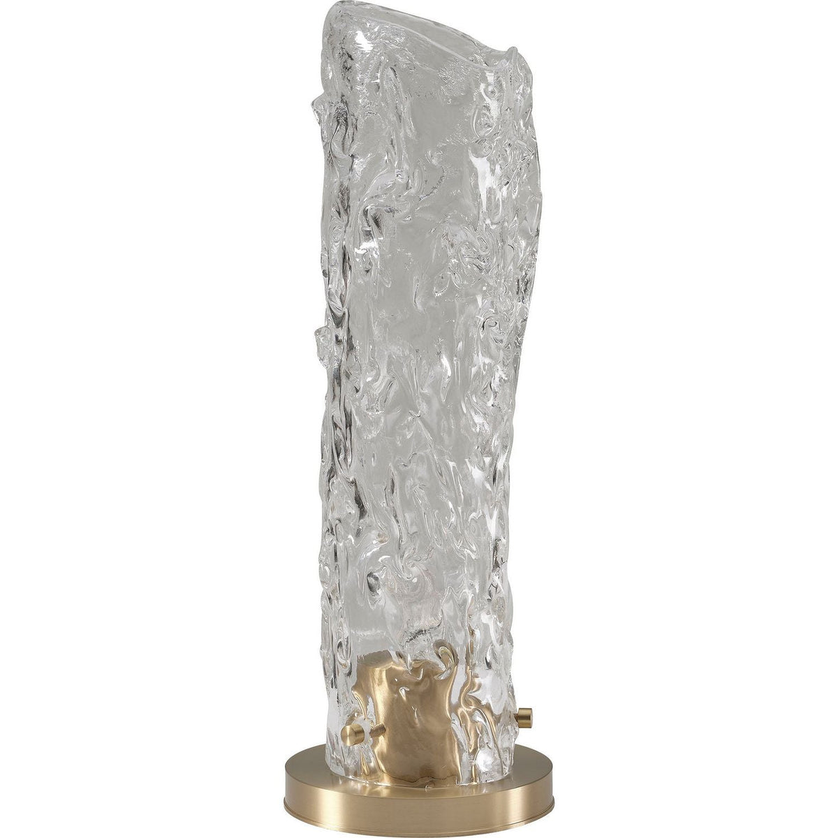 Vela Table Lamp, shown in clear and brass gold with textured glass, brass, and a circular brass base.