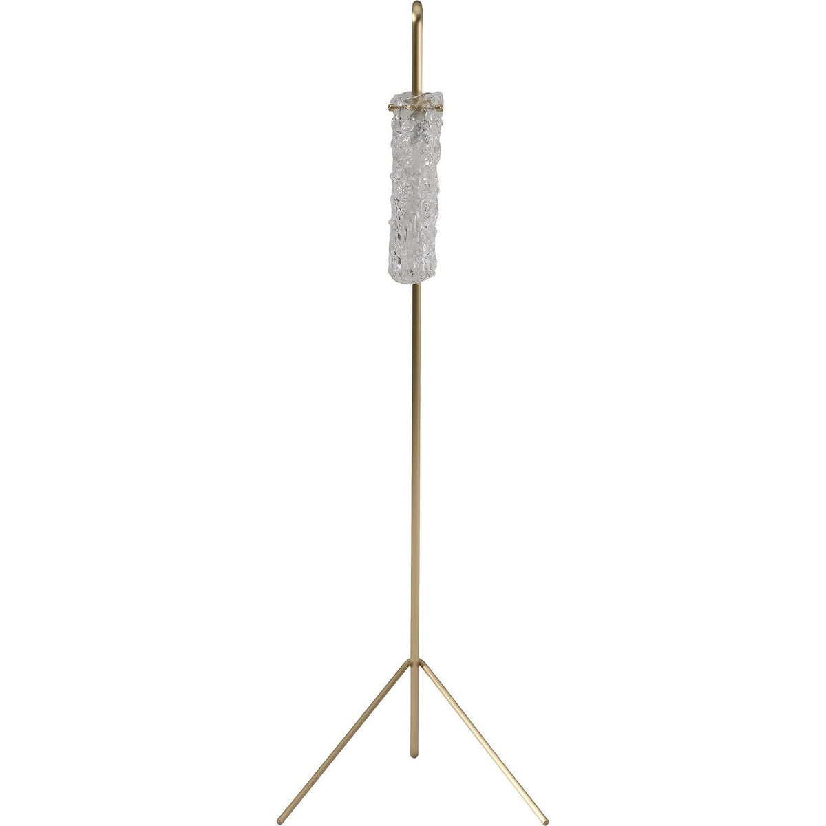 Volare Floor Lamp, shown in brass gold and clear with metal, textured glass, and a tripod floor base.