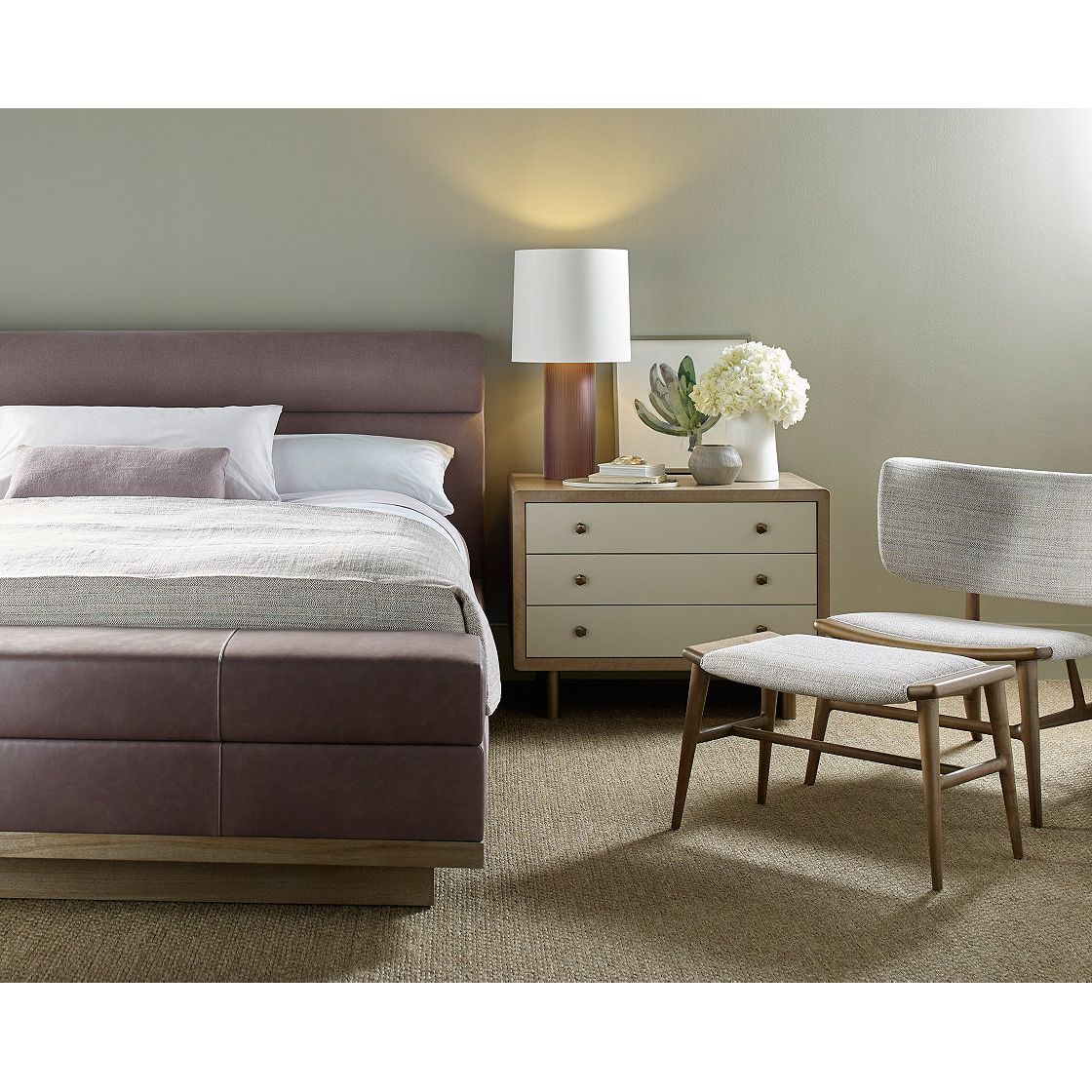 Additional view of Waterfall Nightstand, featuring matte lacquer, wood, brass metal, and three full-width drawers.