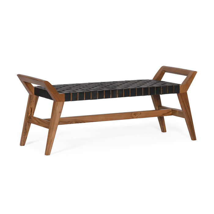 Cove Bench, shown in medium brown wood and black with wood, leather, and a woven leather strap seat.
