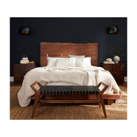 Alternate view of Cove Bench, featuring wood, leather, and a woven leather strap seat.